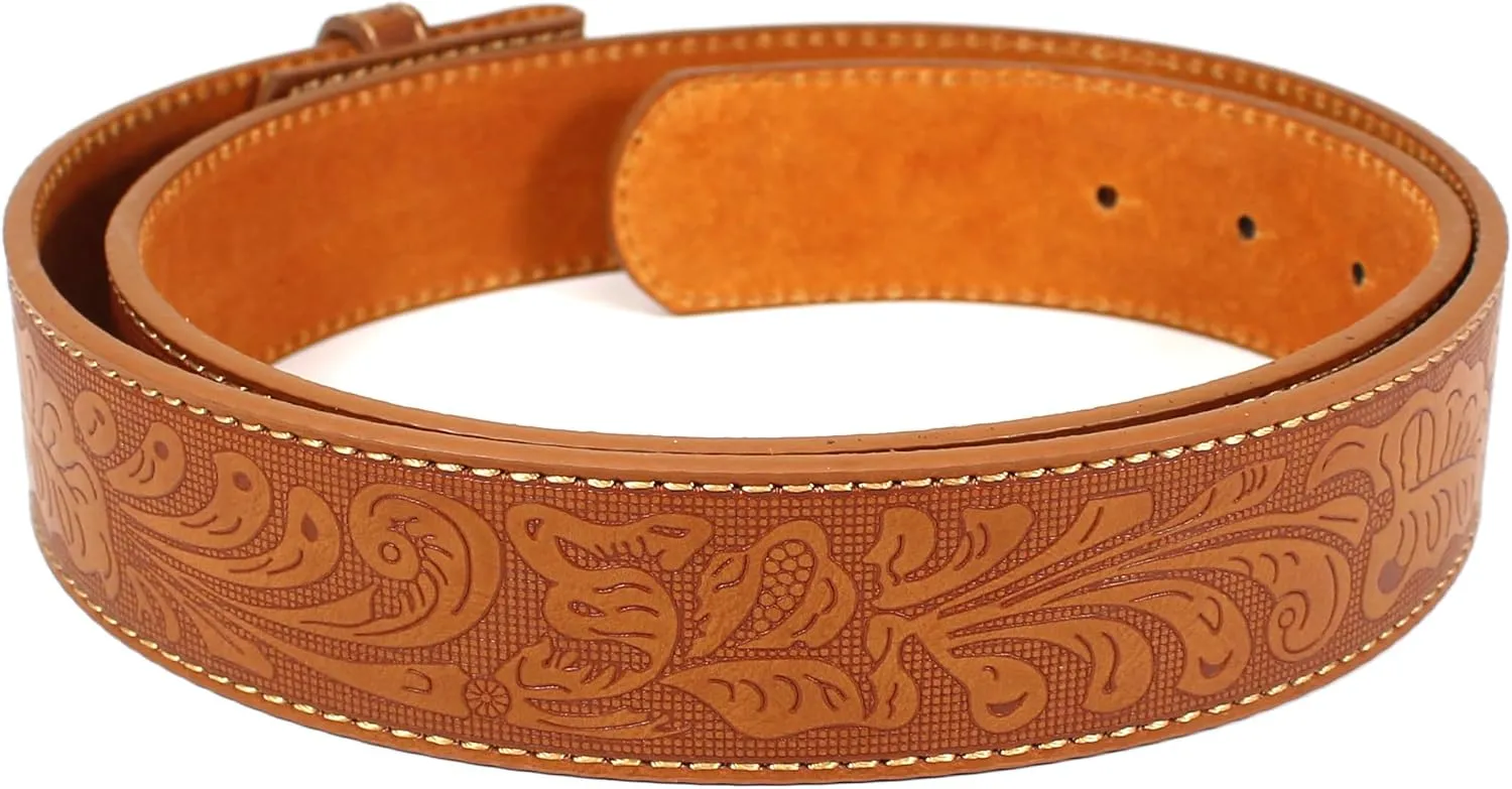 BC Belts Leather Belt Strap with Embossed Western Scrollwork 1.5" Wide with Snaps