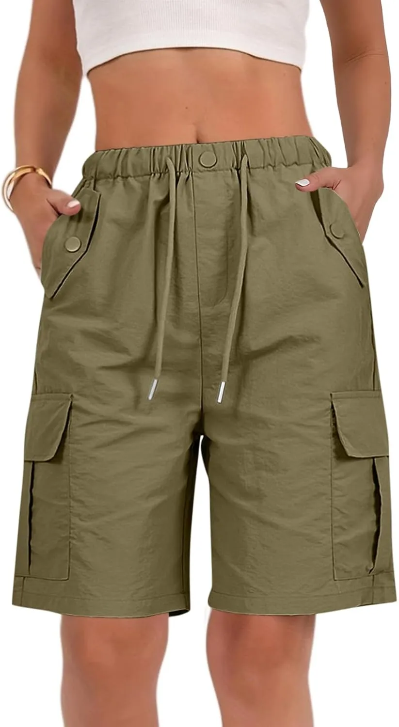 Bermuda Shorts for Women Summer Quick Dry Cargo Shorts with Pockets Outdoor Drawstring Knee Length Hiking Short