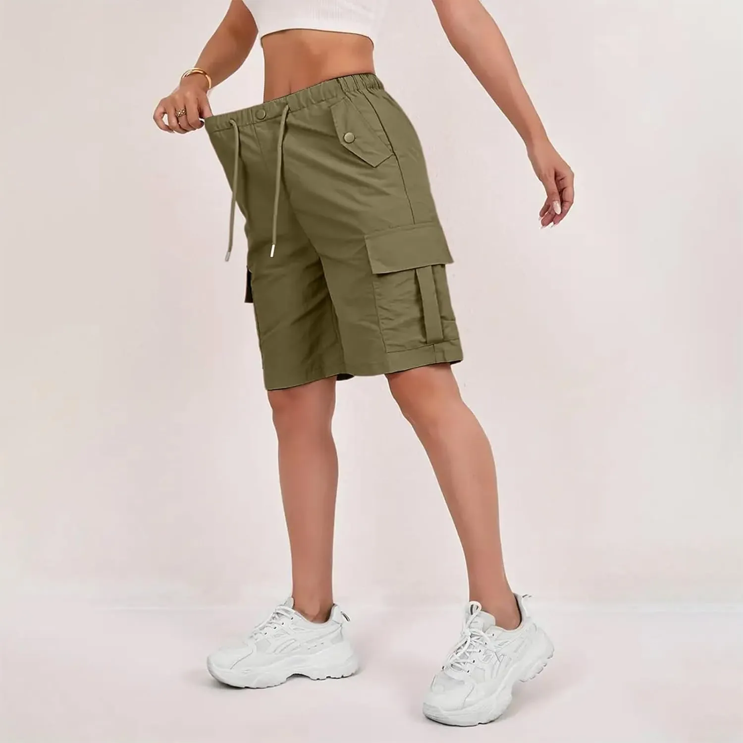Bermuda Shorts for Women Summer Quick Dry Cargo Shorts with Pockets Outdoor Drawstring Knee Length Hiking Short