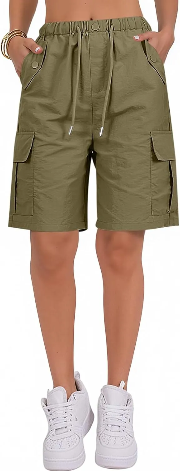 Bermuda Shorts for Women Summer Quick Dry Cargo Shorts with Pockets Outdoor Drawstring Knee Length Hiking Short
