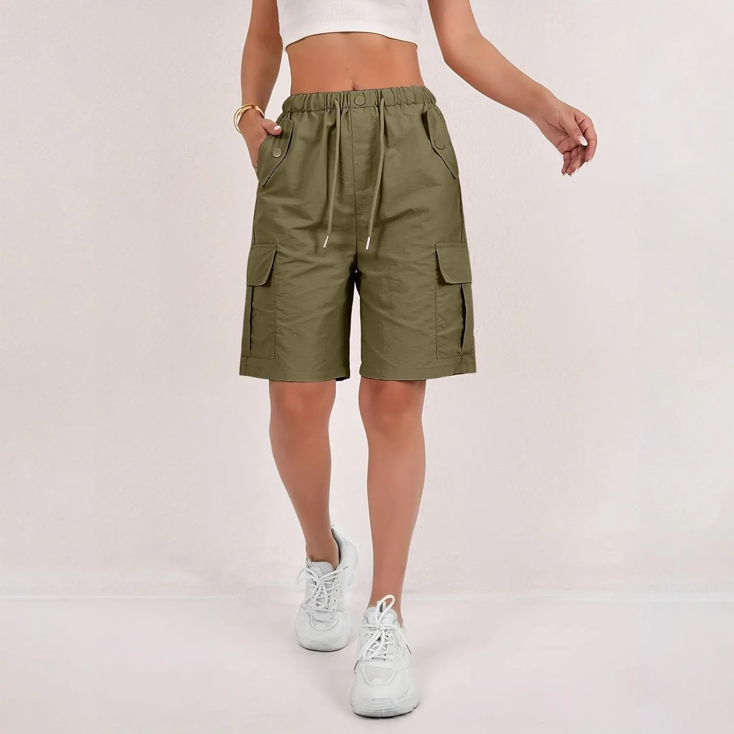 Bermuda Shorts for Women Summer Quick Dry Cargo Shorts with Pockets Outdoor Drawstring Knee Length Hiking Short