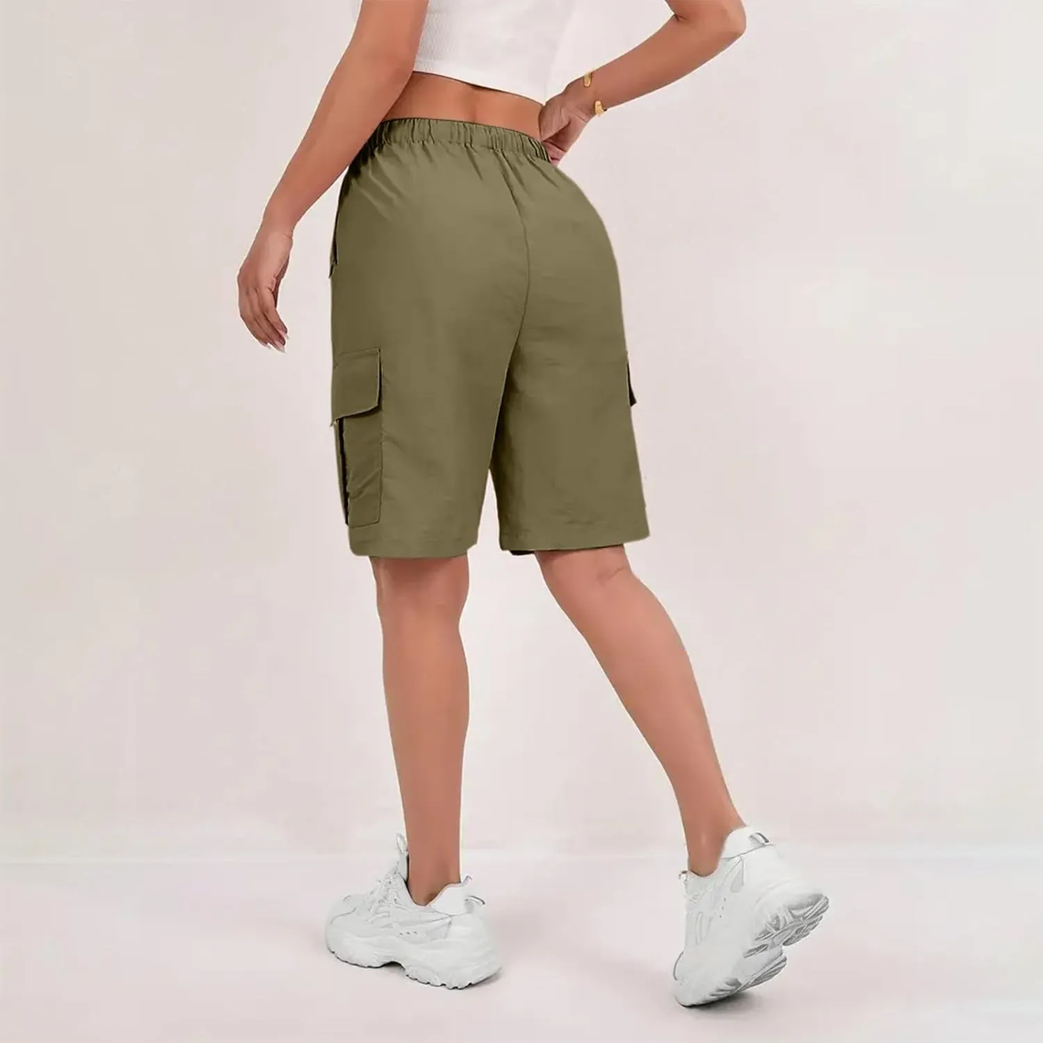 Bermuda Shorts for Women Summer Quick Dry Cargo Shorts with Pockets Outdoor Drawstring Knee Length Hiking Short