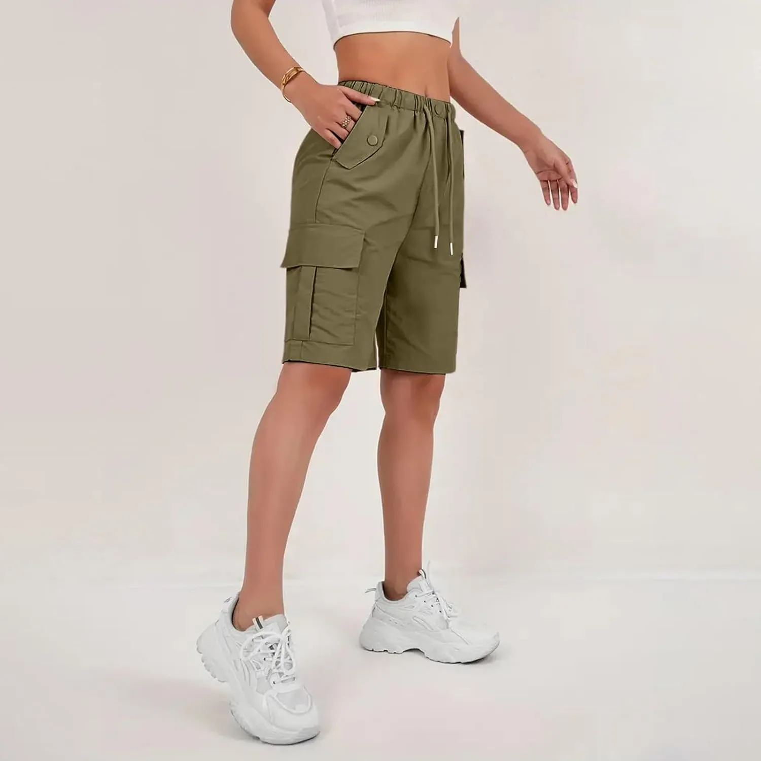 Bermuda Shorts for Women Summer Quick Dry Cargo Shorts with Pockets Outdoor Drawstring Knee Length Hiking Short