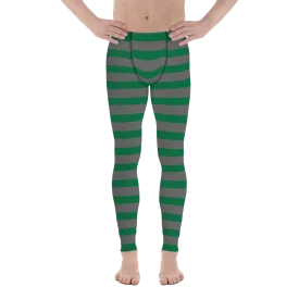 Grey Green Striped Men's Leggings, Horizontally Striped Christmas Style Meggings - Made in USA/EU/MX