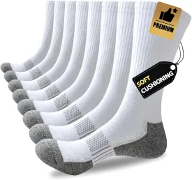 JOYN??E 8 Pairs Mens Cushioned Crew Athletic Socks, Moisture Wicking Breathable Socks for Sport Running,White,Sock Size:10-13