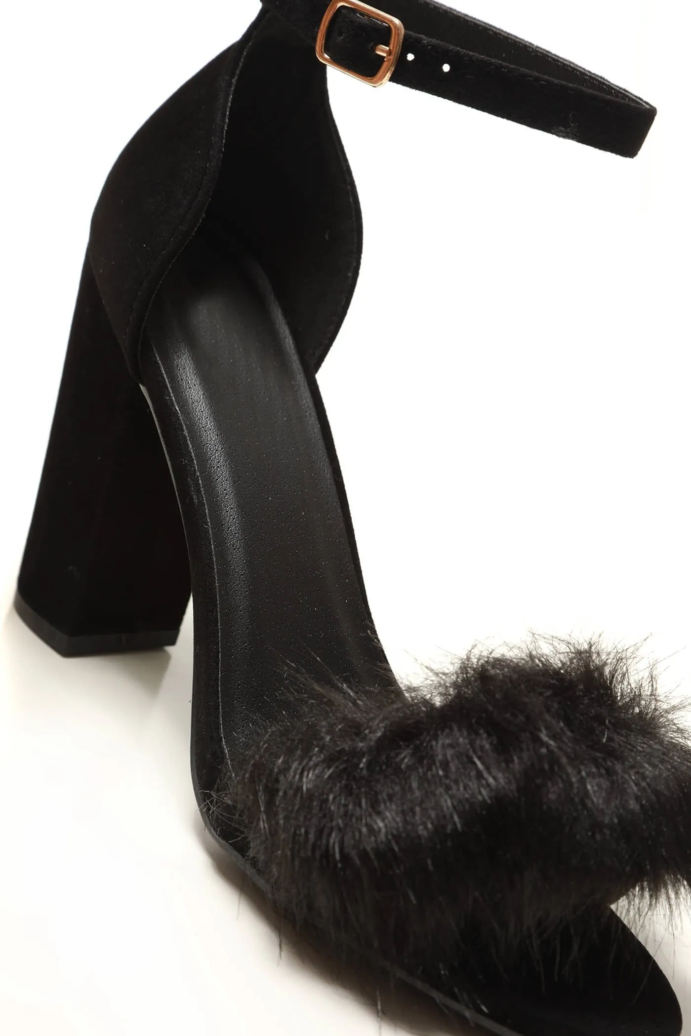 Marcia block heel fur detail sandal